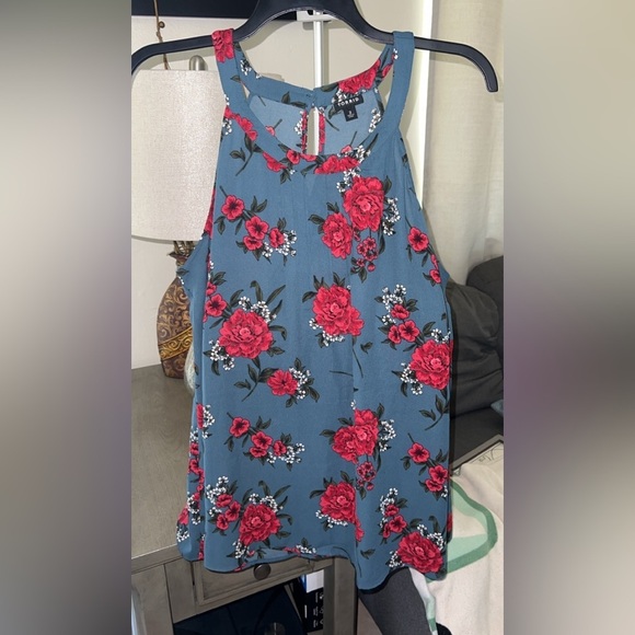 Dark Blue Floral Georgette Pleated Goddess Neck Tank - Picture 2 of 5